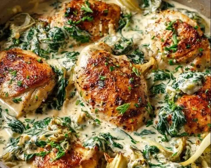 One Pan Creamy Spinach Artichoke Chicken dish served with vibrant spinach and artichokes