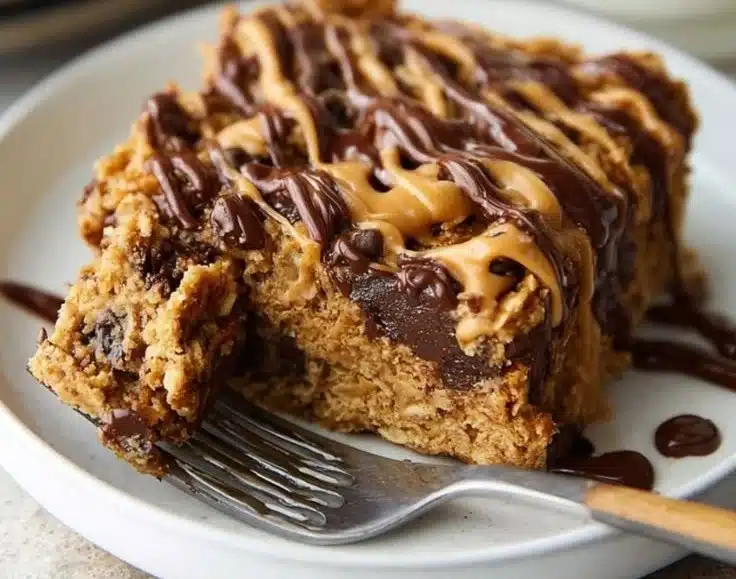 Healthy Peanut Butter Protein Baked Oats in a bowl with toppings