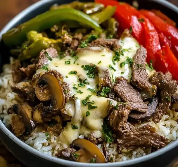 Delicious Philly Cheesesteak Bowl topped with cheese and peppers