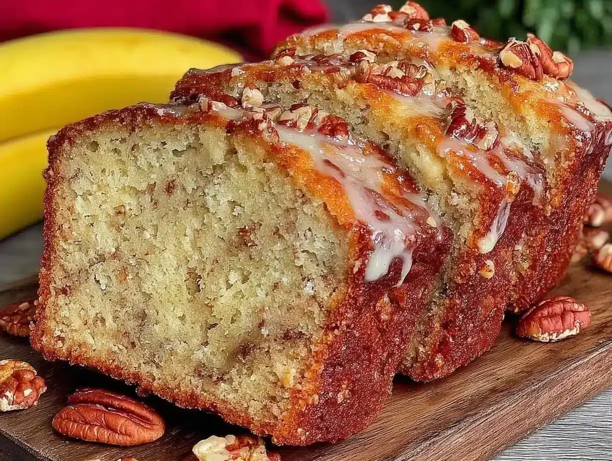 Delicious protein banana bread slice on a wooden table