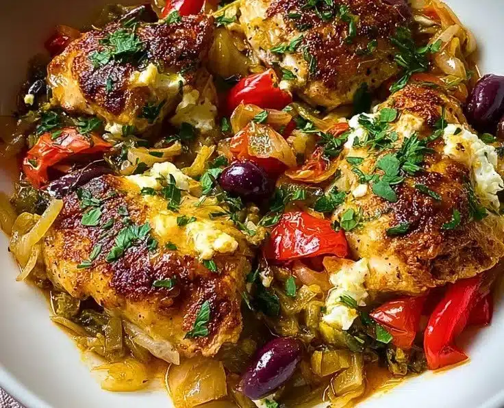 Delicious Quick Mediterranean Chicken Casserole with fresh veggies and spices
