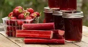 Homemade rhubarb strawberry jam in a jar with fresh strawberries and rhubarb