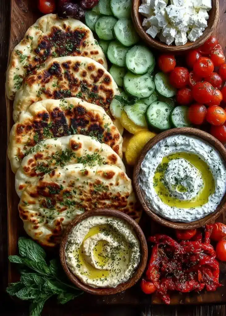 Rustic Mediterranean flatbread served with a variety of feta cheese and fresh ingredients.