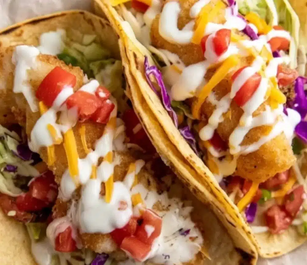 Delicious San Diego fish tacos served with fresh toppings and lime