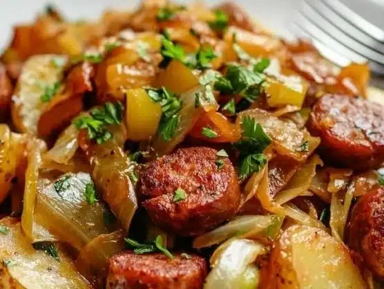 Sausage, cabbage, and potato one-pot meal served in a bowl.