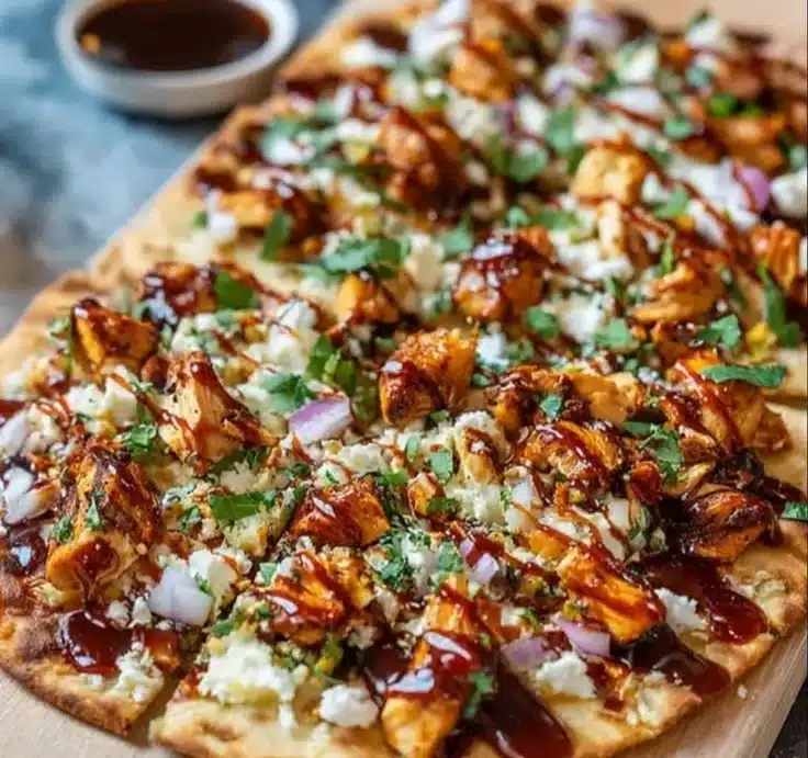 Savory BBQ chicken flatbread topped with cheese and fresh vegetables