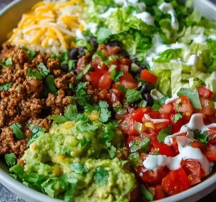 Savory chicken quinoa bowl topped with fresh vegetables and herbs