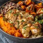 Delicious Maple Dijon Chicken Bowl with fresh vegetables and rice