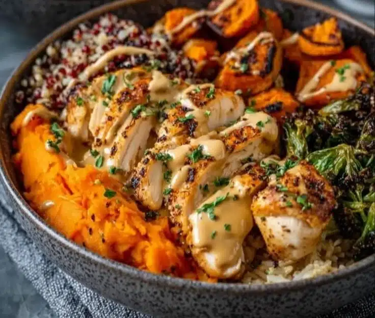 Delicious Maple Dijon Chicken Bowl with fresh vegetables and rice