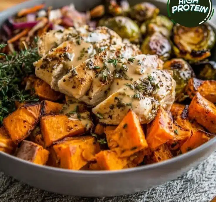 Delicious Maple Dijon Chicken Bowl with vegetables and grains