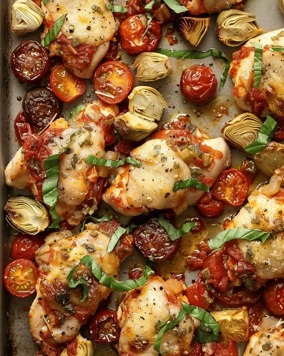 Sheet pan pesto chicken with fresh vegetables ready to serve