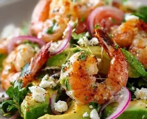 Delicious shrimp salad with fresh vegetables and zesty dressing