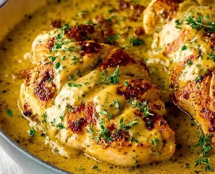 Boursin cheese chicken dish garnished with herbs on a plate