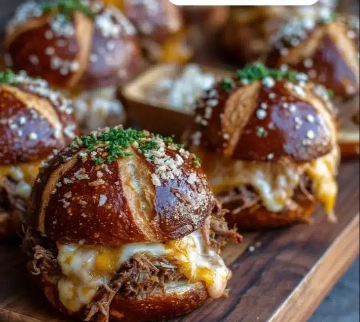 Smoked brisket and beer cheese pretzel bombs on a wooden platter