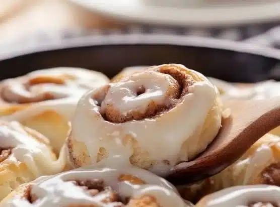 Freshly baked sourdough discard cinnamon rolls topped with icing.