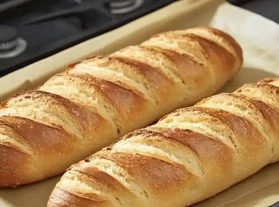 Freshly baked sourdough French bread loaf with a crispy crust and soft interior.