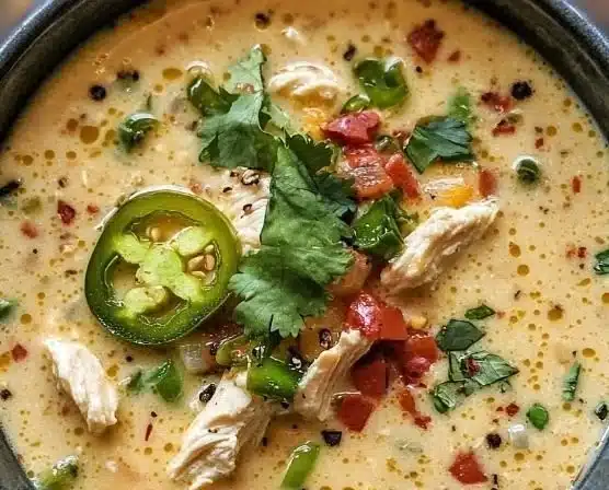 Bowl of spicy jalapeño popper chicken soup topped with cheese and jalapeños