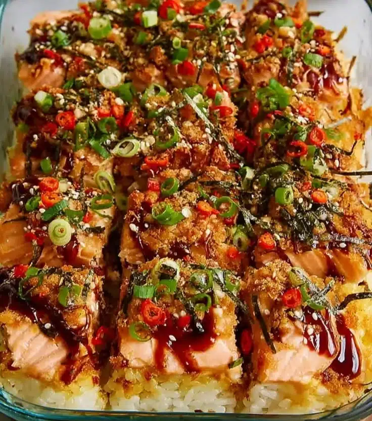 Spicy Salmon Sushi Bake topped with creamy sauce and served in a baking dish
