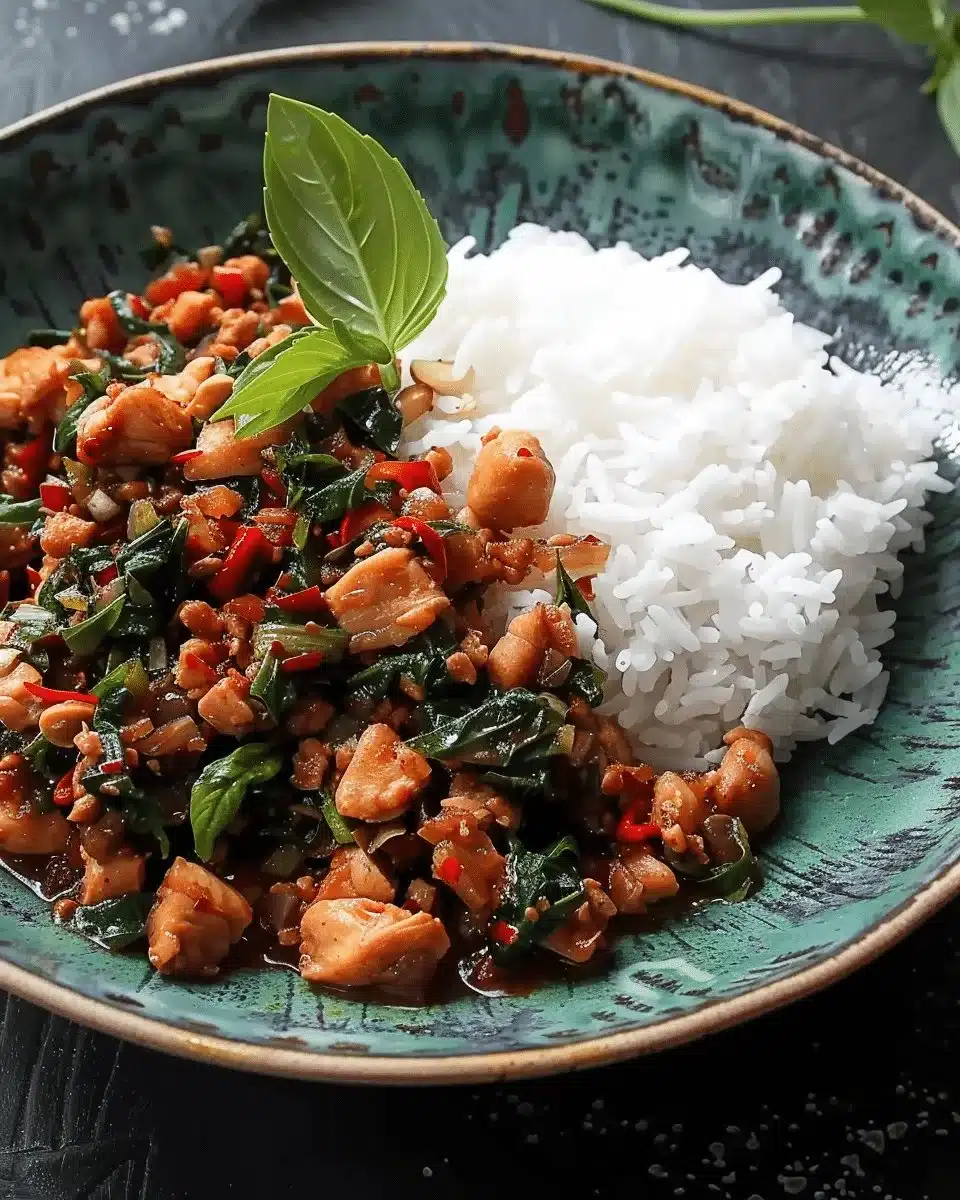 Stir-fried Spicy Thai Basil Chicken with fresh herbs and chilies