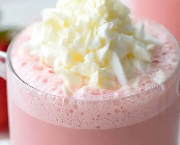 Delicious Strawberry Hot Chocolate topped with whipped cream and strawberries
