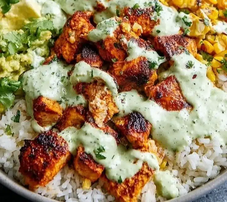 Delicious Street Corn Chicken Rice Bowl featuring grilled chicken and fresh ingredients.