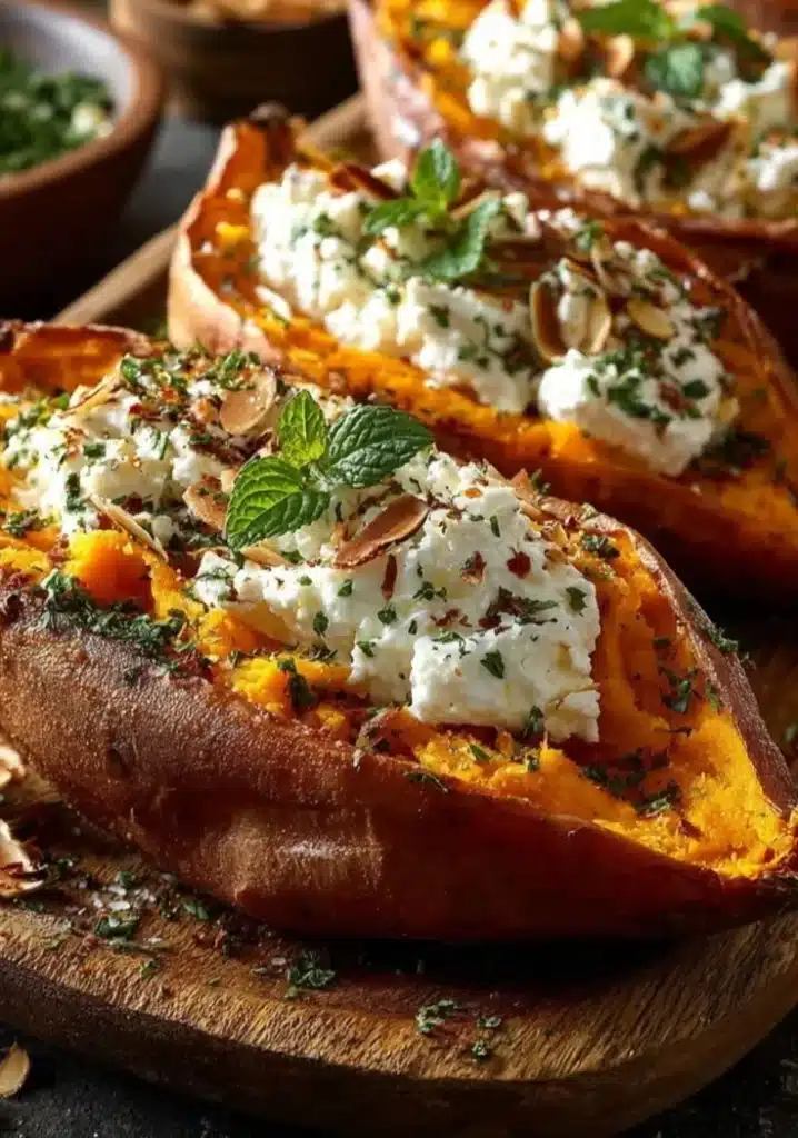 Stuffed sweet potatoes with orange zest ricotta and almonds on a plate.