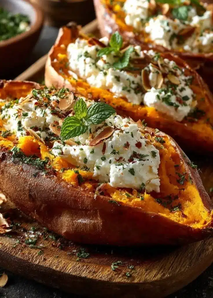 Stuffed sweet potatoes with orange zest ricotta and almonds on a plate