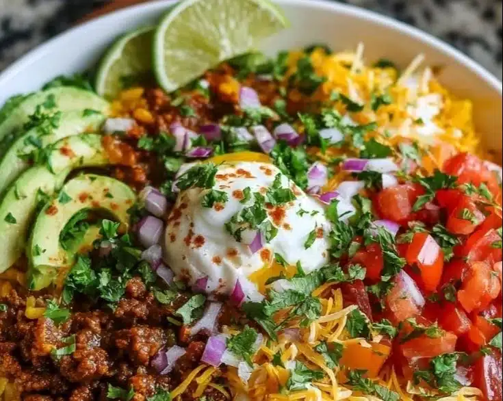 Delicious Taco Rice Bowl with seasoned meat, fresh toppings, and rice in a bowl