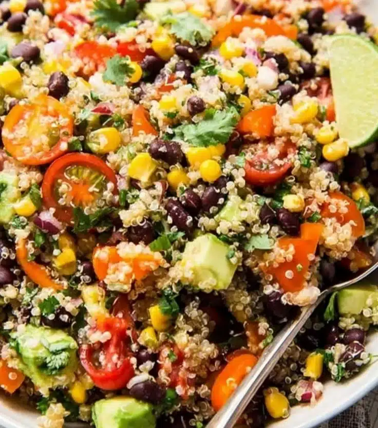 Colorful Tex-Mex Quinoa Salad with beans, corn, and fresh vegetables