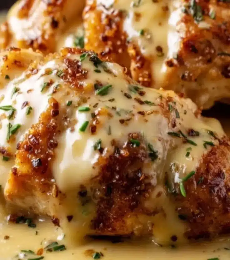 Delicious Texas Roadhouse-inspired smothered chicken served with creamy sauce