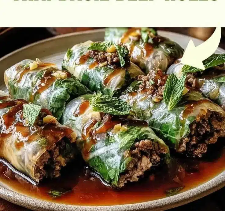 Delicious Thai Basil Beef Rolls garnished with fresh herbs and spices.