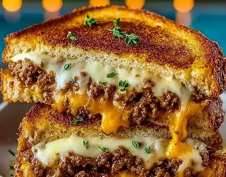 Ultimate Cheesy Ground Beef Melt topped with melted cheese and spices