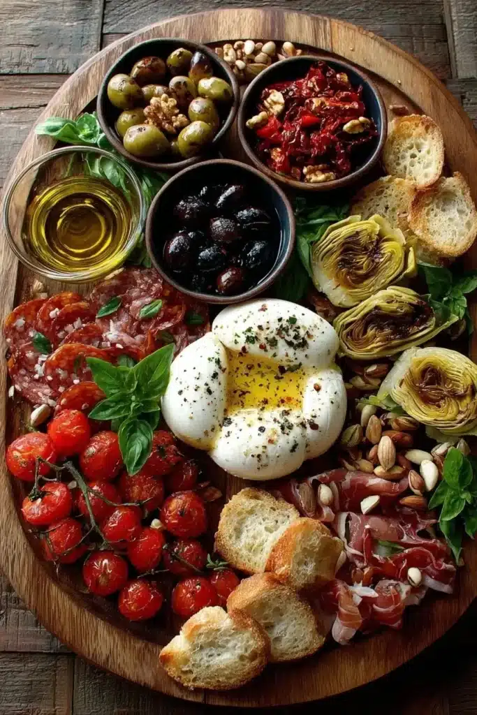 Warm antipasto board with roasted garlic burrata and assorted cured meats