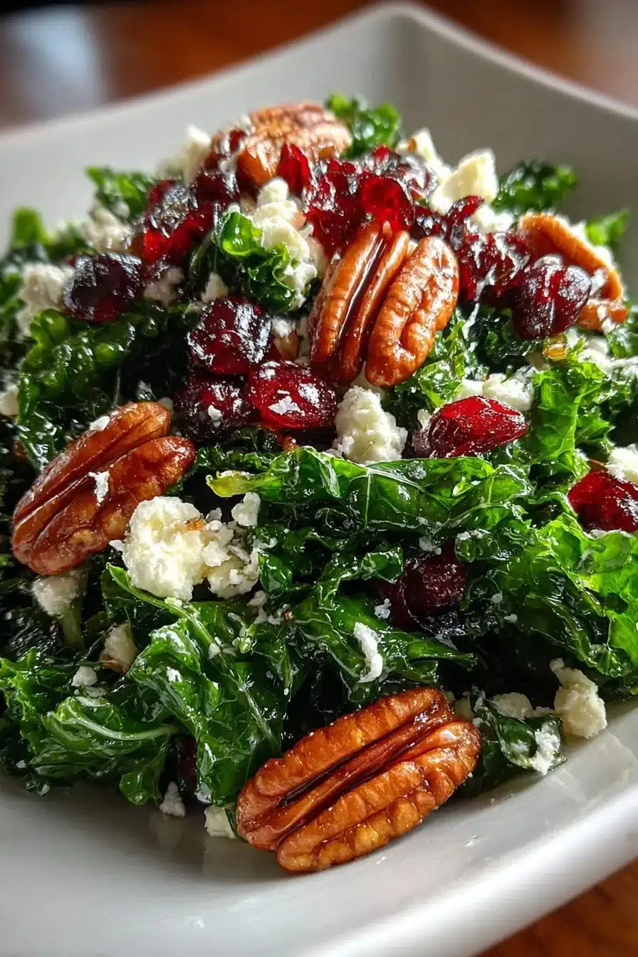 Warm Kale Cranberry Cheese Salad featuring fresh greens and cranberries