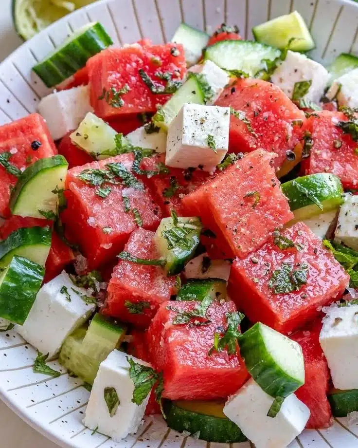 Delicious Watermelon Cucumber Feta Salad with vibrant ingredients