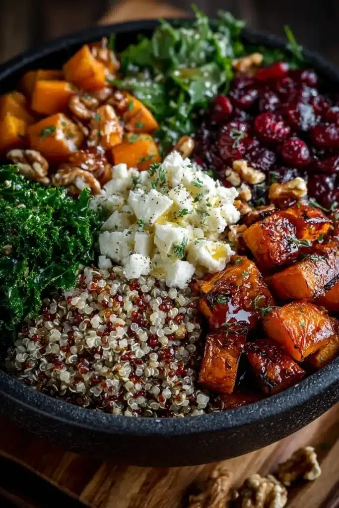 Winter grain bowl with cranberries, nuts, and fresh ingredients