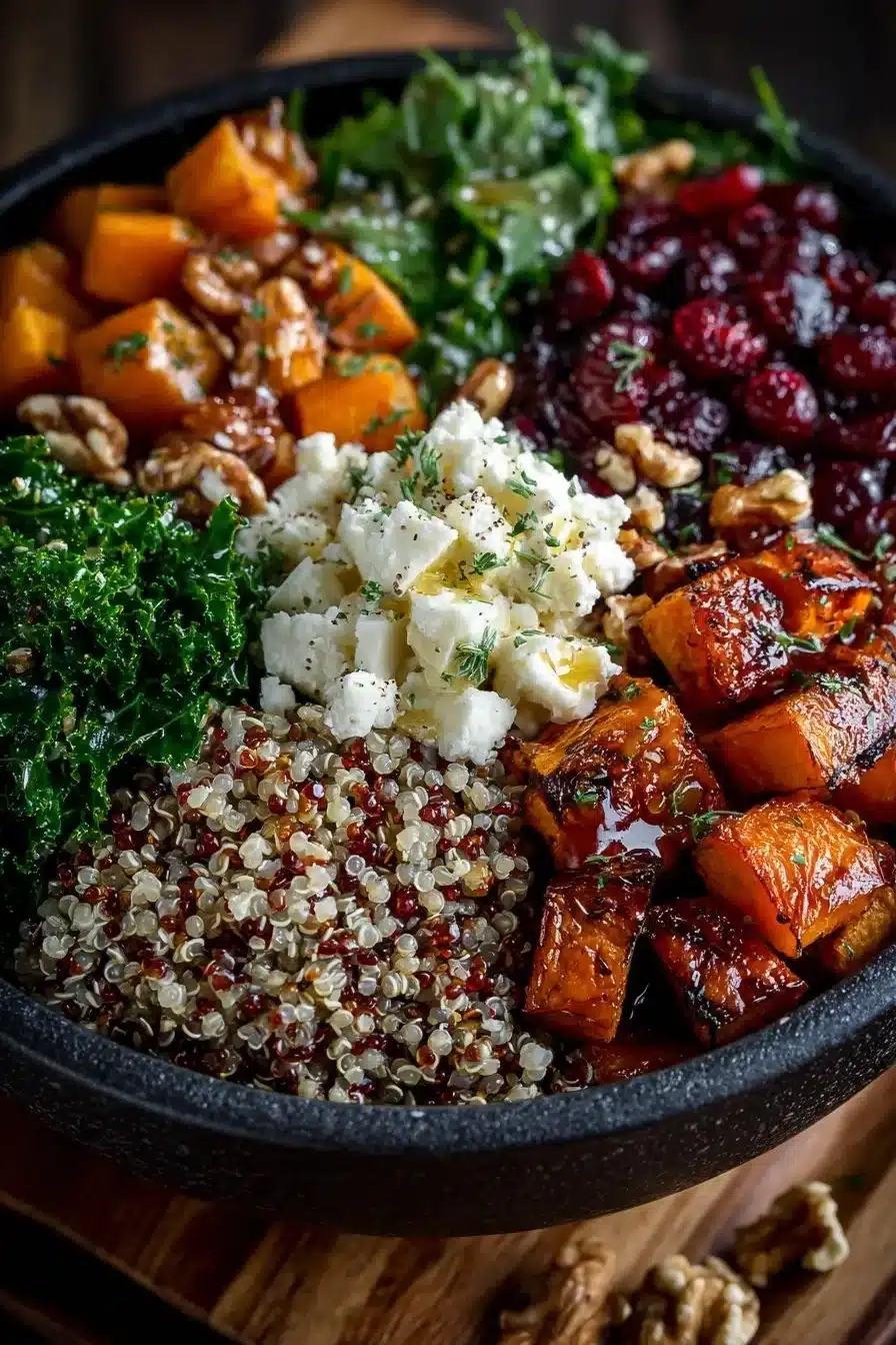 Winter grain bowl with cranberries, nuts, and fresh ingredients