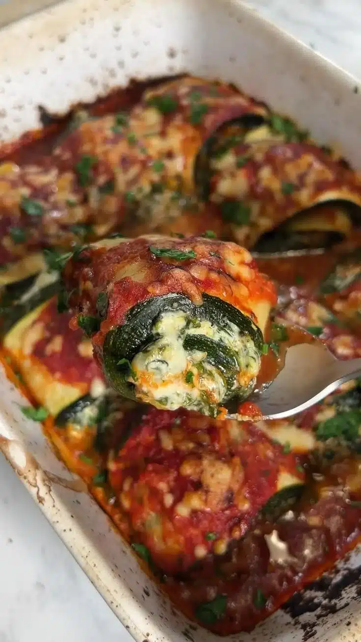 Zucchini Rollatini filled with ricotta and herbs, topped with marinara sauce.