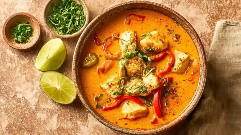 Plate of authentic Moqueca, Brazilian fish stew with vibrant vegetables and spices.