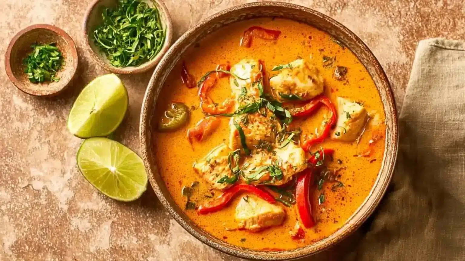 Plate of authentic Moqueca, Brazilian fish stew with vibrant vegetables and spices.