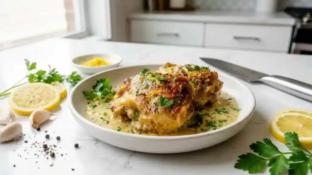 Baked Greek yogurt chicken garnished with herbs on a plate
