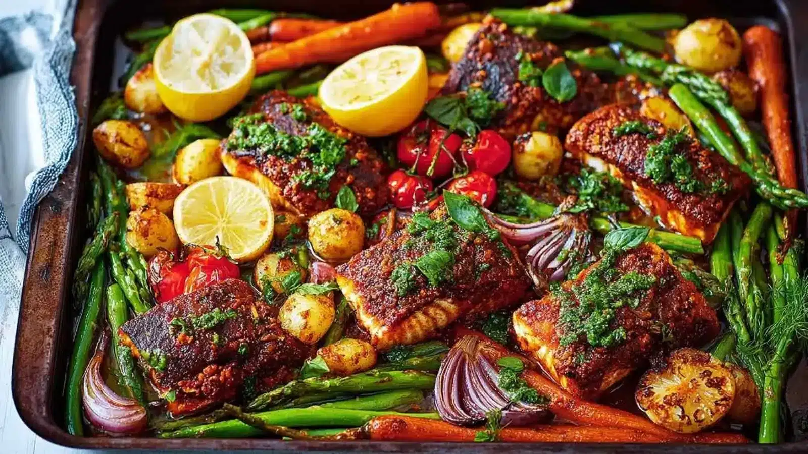 Delicious Barramundi Tray Bake with Honey Harissa served on a plate