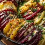 Beet, potato, and parsnip gratin topped with feta and fresh herbs