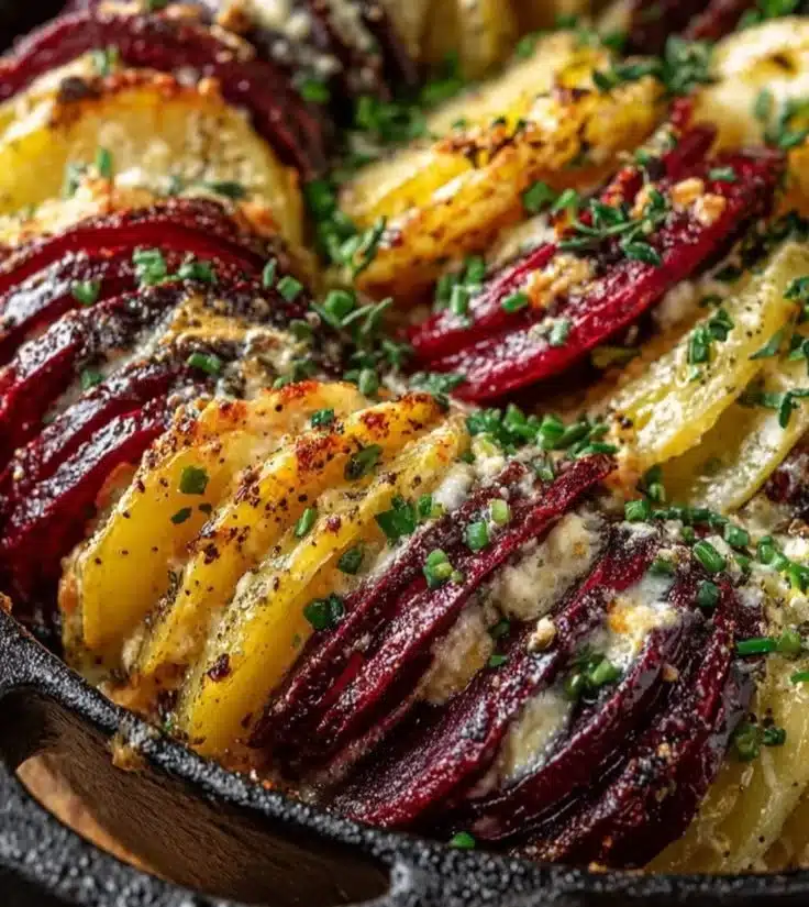 Beet, potato, and parsnip gratin topped with feta and fresh herbs