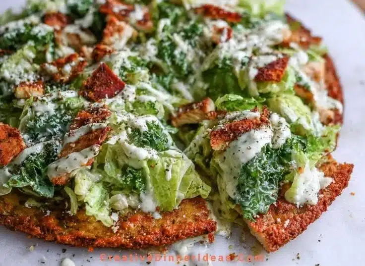 A delicious Caesar Salad topped with croutons and parmesan cheese.
