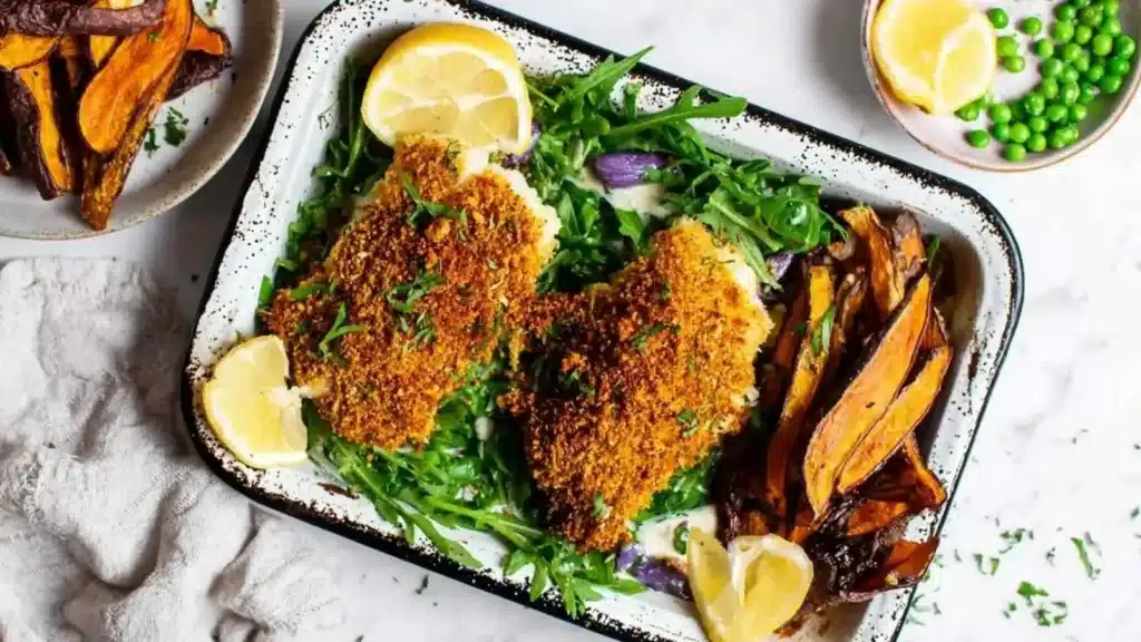 Cajun-seasoned fish served with sweet potato chips on a plate