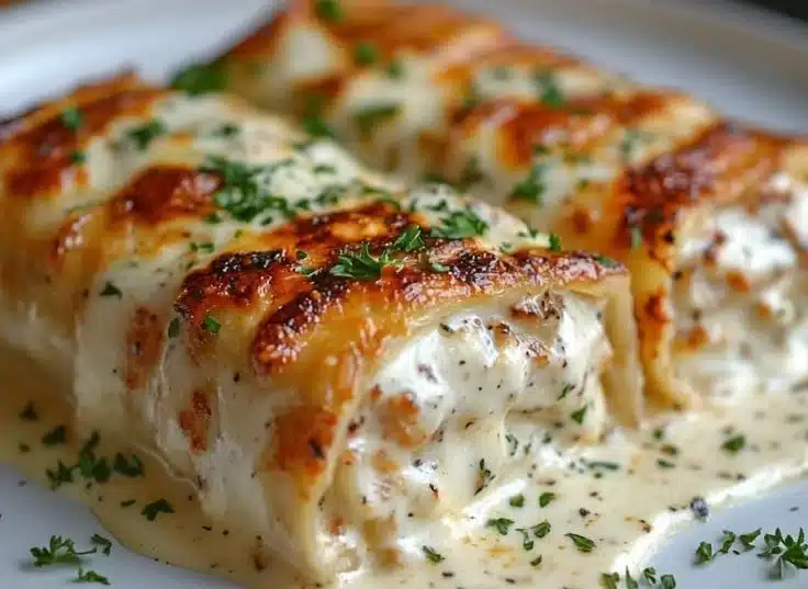 Cheesy Chicken Alfredo Lasagna topped with melted cheese and creamy sauce