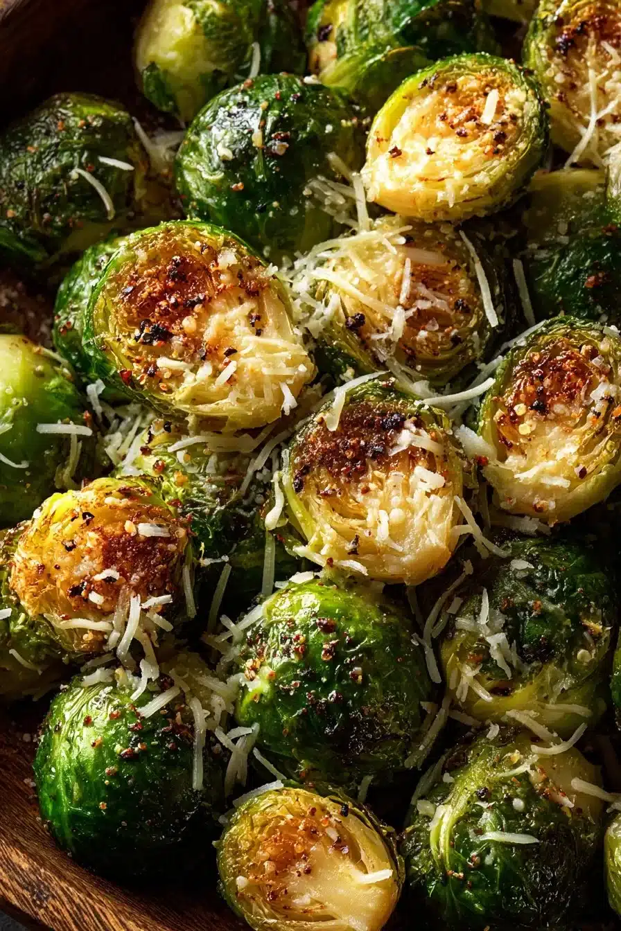 Deliciously cheesy honey roasted Brussels sprouts served as a side dish