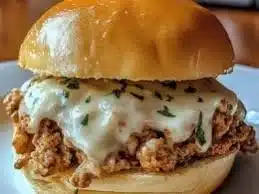 Chicken Alfredo Sloppy Joes served with a side of crispy fries