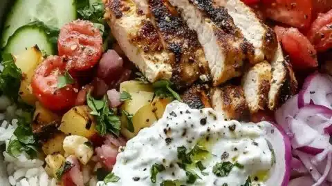 Chicken Gyro Bowls with Fluffy Rice and Creamy Tzatziki Delight